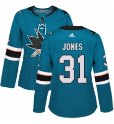 Women's Adidas San Jose Sharks #31 Martin Jones Authentic Teal Green Home NHL Jersey