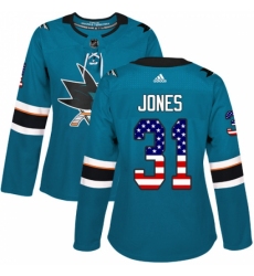 Women's Adidas San Jose Sharks #31 Martin Jones Authentic Teal Green USA Flag Fashion NHL Jersey