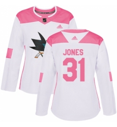 Women's Adidas San Jose Sharks #31 Martin Jones Authentic White/Pink Fashion NHL Jersey