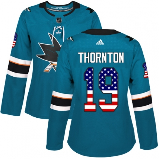 Women's Adidas San Jose Sharks #19 Joe Thornton Authentic Teal Green USA Flag Fashion NHL Jersey Women's Adidas San Jose Sharks #19 Joe Thornton Authentic Teal Green USA Flag Fashion NHL Jersey