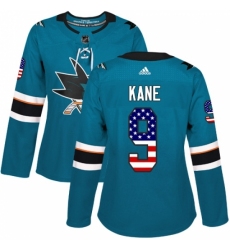 Women's Adidas San Jose Sharks #9 Evander Kane Authentic Teal Green USA Flag Fashion NHL Jersey