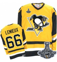 Men's CCM Pittsburgh Penguins #66 Mario Lemieux Authentic Yellow Throwback 2017 Stanley Cup Champions NHL Jersey