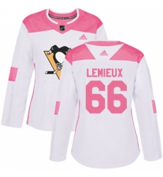 Women's Adidas Pittsburgh Penguins #66 Mario Lemieux Authentic White/Pink Fashion NHL Jersey