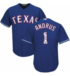 Men's Majestic Texas Rangers #1 Elvis Andrus Authentic Royal Blue Team Logo Fashion Cool Base MLB Jersey