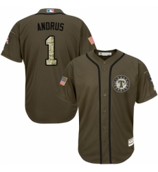 Men's Majestic Texas Rangers #1 Elvis Andrus Replica Green Salute to Service MLB Jersey