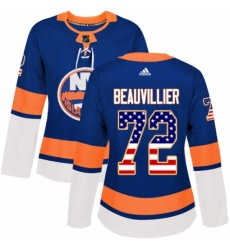 Women's Adidas New York Islanders #72 Anthony Beauvillier Authentic Royal Blue USA Flag Fashion NHL Jersey