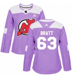 Women's Adidas New Jersey Devils #63 Jesper Bratt Authentic Purple Fights Cancer Practice NHL Jersey