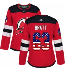 Women's Adidas New Jersey Devils #63 Jesper Bratt Authentic Red USA Flag Fashion NHL Jersey