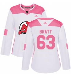 Women's Adidas New Jersey Devils #63 Jesper Bratt Authentic White/Pink Fashion NHL Jersey