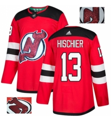 Men's Adidas New Jersey Devils #13 Nico Hischier Authentic Red Fashion Gold NHL Jersey