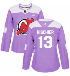 Women's Adidas New Jersey Devils #13 Nico Hischier Authentic Purple Fights Cancer Practice NHL Jersey