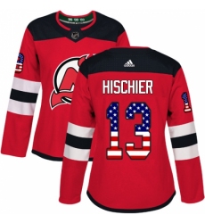 Women's Adidas New Jersey Devils #13 Nico Hischier Authentic Red USA Flag Fashion NHL Jersey