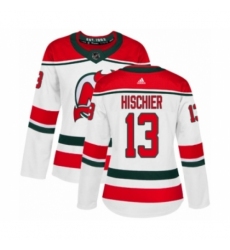 Women's Adidas New Jersey Devils #13 Nico Hischier Authentic White Alternate NHL Jersey