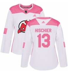 Women's Adidas New Jersey Devils #13 Nico Hischier Authentic White/Pink Fashion NHL Jersey