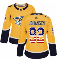 Women's Adidas Nashville Predators #92 Ryan Johansen Authentic Gold USA Flag Fashion NHL Jersey