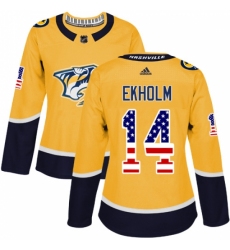 Women's Adidas Nashville Predators #14 Mattias Ekholm Authentic Gold USA Flag Fashion NHL Jersey