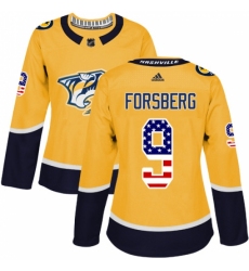 Women's Adidas Nashville Predators #9 Filip Forsberg Authentic Gold USA Flag Fashion NHL Jersey