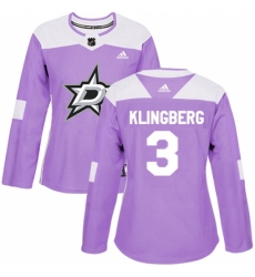 Women's Adidas Dallas Stars #3 John Klingberg Authentic Purple Fights Cancer Practice NHL Jersey