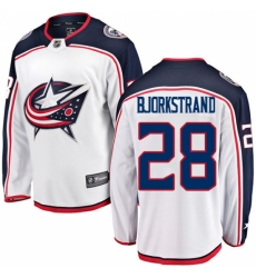 Men's Columbus Blue Jackets #28 Oliver Bjorkstrand Fanatics Branded White Away Breakaway NHL Jersey