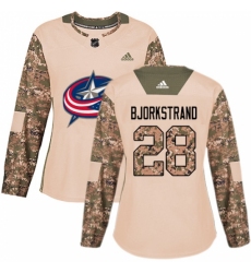 Women's Adidas Columbus Blue Jackets #28 Oliver Bjorkstrand Authentic Camo Veterans Day Practice NHL Jersey