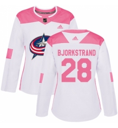 Women's Adidas Columbus Blue Jackets #28 Oliver Bjorkstrand Authentic White/Pink Fashion NHL Jersey