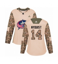 Women's Columbus Blue Jackets #14 Gustav Nyquist Authentic Camo Veterans Day Practice Hockey Jersey