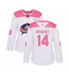 Women's Columbus Blue Jackets #14 Gustav Nyquist Authentic White Pink Fashion Hockey Jersey