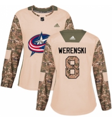 Women's Adidas Columbus Blue Jackets #8 Zach Werenski Authentic Camo Veterans Day Practice NHL Jersey