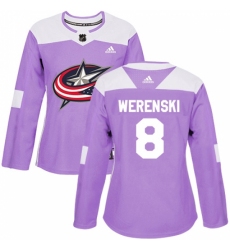 Women's Adidas Columbus Blue Jackets #8 Zach Werenski Authentic Purple Fights Cancer Practice NHL Jersey