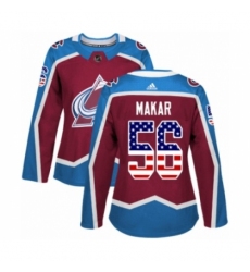 Women's Adidas Colorado Avalanche #56 Cale Makar Authentic Burgundy Red USA Flag Fashion NHL Jersey