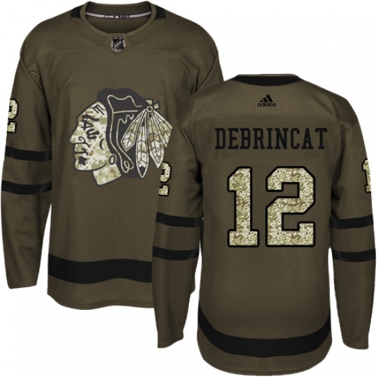 Men's Adidas Chicago Blackhawks #12 Alex DeBrincat Authentic Green Salute to Service NHL Jersey Men's Adidas Chicago Blackhawks #12 Alex DeBrincat Authentic Green Salute to Service NHL Jersey