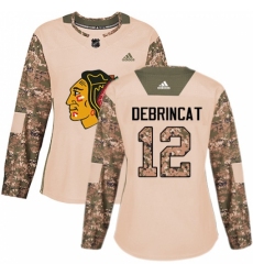 Women's Adidas Chicago Blackhawks #12 Alex DeBrincat Authentic Camo Veterans Day Practice NHL Jersey