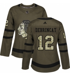 Women's Adidas Chicago Blackhawks #12 Alex DeBrincat Authentic Green Salute to Service NHL Jersey