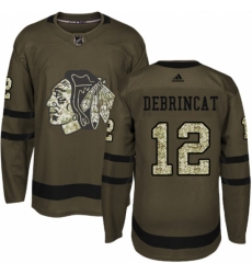 Youth Adidas Chicago Blackhawks #12 Alex DeBrincat Authentic Green Salute to Service NHL Jersey