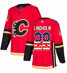 Men's Adidas Calgary Flames #28 Elias Lindholm Red Home Authentic USA Flag Stitched NHL Jersey