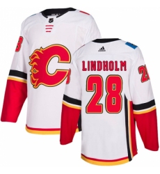 Men's Adidas Calgary Flames #28 Elias Lindholm White Road Authentic Stitched NHL Jersey