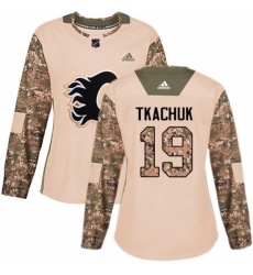 Women's Adidas Calgary Flames #19 Matthew Tkachuk Authentic Camo Veterans Day Practice NHL Jersey