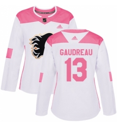Women's Adidas Calgary Flames #13 Johnny Gaudreau Authentic White/Pink Fashion NHL Jersey