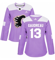 Women's Reebok Calgary Flames #13 Johnny Gaudreau Authentic Purple Fights Cancer Practice NHL Jersey