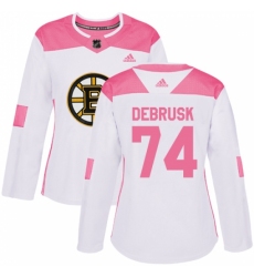 Women's Adidas Boston Bruins #74 Jake DeBrusk Authentic White/Pink Fashion NHL Jersey