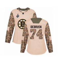 Women's Boston Bruins #74 Jake DeBrusk Authentic Camo Veterans Day Practice 2019 Stanley Cup Final Bound Hockey Jersey