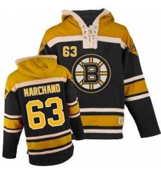 Men's Old Time Hockey Boston Bruins #63 Brad Marchand Premier Black Sawyer Hooded Sweatshirt NHL Jersey