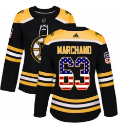 Women's Adidas Boston Bruins #63 Brad Marchand Authentic Black USA Flag Fashion NHL Jersey