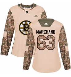Women's Adidas Boston Bruins #63 Brad Marchand Authentic Camo Veterans Day Practice NHL Jersey
