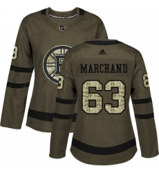 Women's Adidas Boston Bruins #63 Brad Marchand Authentic Green Salute to Service NHL Jersey