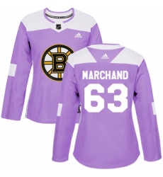 Women's Adidas Boston Bruins #63 Brad Marchand Authentic Purple Fights Cancer Practice NHL Jersey