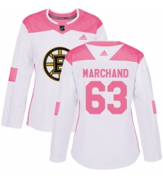 Women's Adidas Boston Bruins #63 Brad Marchand Authentic White/Pink Fashion NHL Jersey