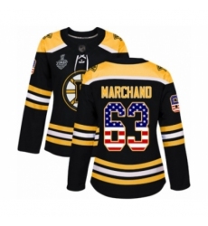 Women's Boston Bruins #63 Brad Marchand Authentic Black USA Flag Fashion 2019 Stanley Cup Final Bound Hockey Jersey