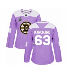 Women's Boston Bruins #63 Brad Marchand Authentic Purple Fights Cancer Practice 2019 Stanley Cup Final Bound Hockey Jersey