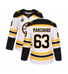 Women's Boston Bruins #63 Brad Marchand Authentic White Away 2019 Stanley Cup Final Bound Hockey Jersey